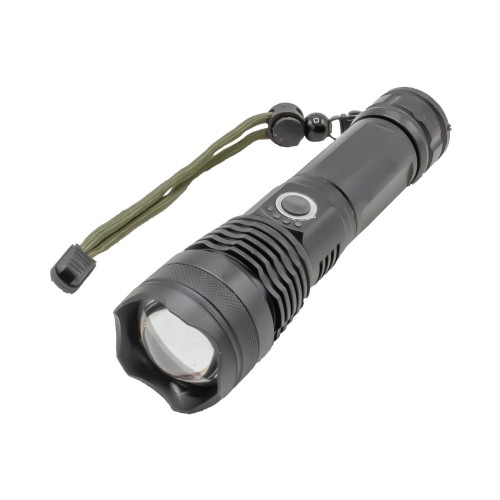 Lanterna LED tactica din aluminiu, distanta 200-300m, zoom telescopic, acumulator, incarcare USB, negru